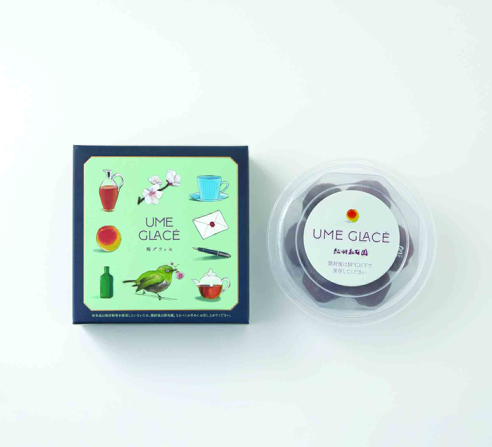 梅スイーツ「梅コンポート」「梅グラッセ」のパッケージのリデザインとイラスト、リーフレット制作